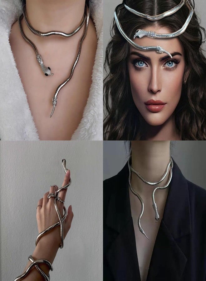 ANGLEQUEEN Medusa Costume Women Gold Silver Black Snake Necklace Adjustable Punk Bracelet Choker Flexible Snake Bracelets Halloween Witch Accessorie Jewelry A-Silver - Image 5
